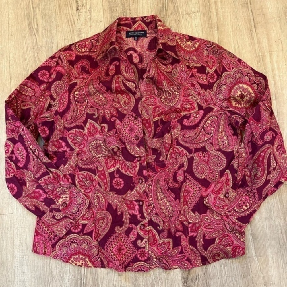Jones New York Signature Woman Button Down Blouse 2X Pink Paisley Pattern Shirt - Picture 14 of 15